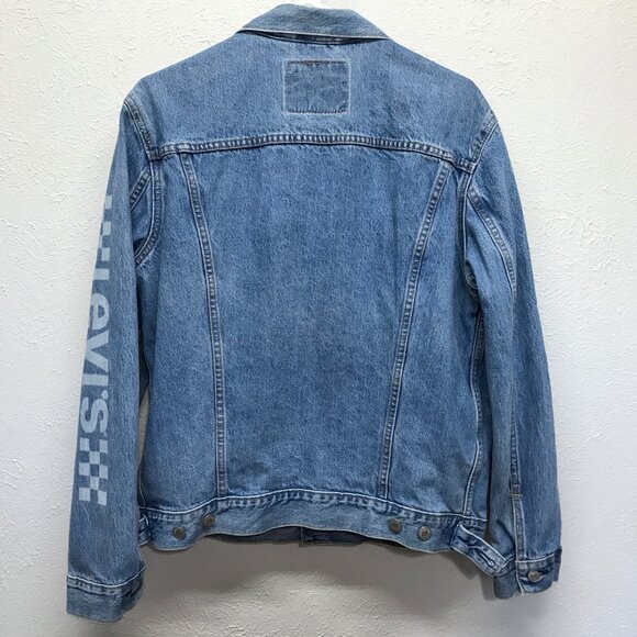 Levi's Trucker Jacket Size L Motocross Printed Sleeve Blue Denim - Picture 5 of 9